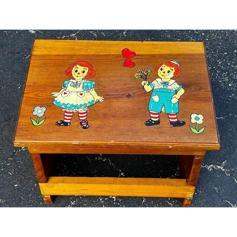 Antique Handmade Childs Wooden Stepping Footstool / Raggedy Ann And Andy 15"